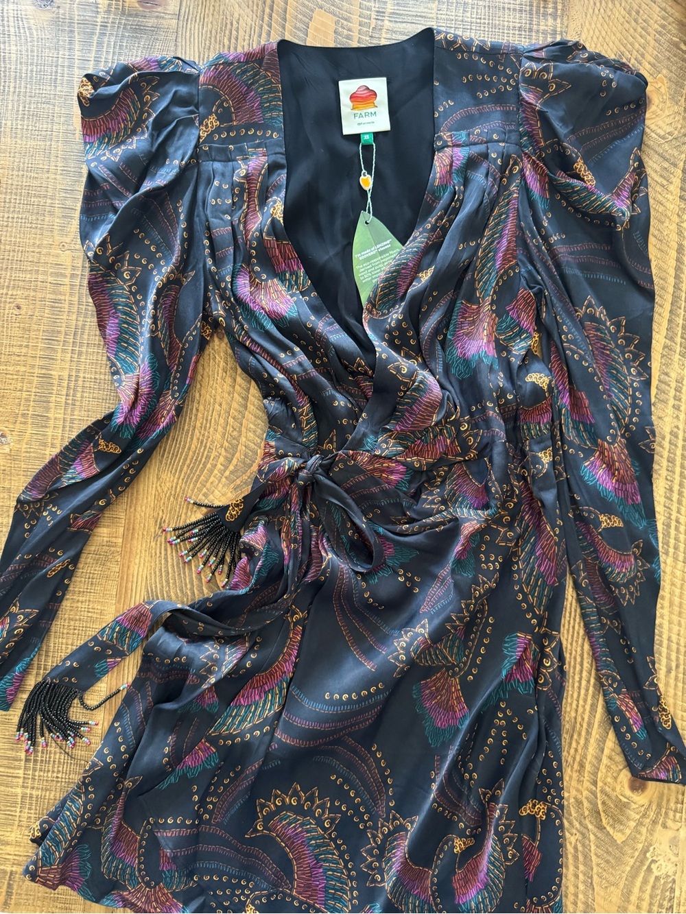 FARM Rio NWT Black Sequin Toucans Mini Dress Printed Long Sleeve Wrap XS